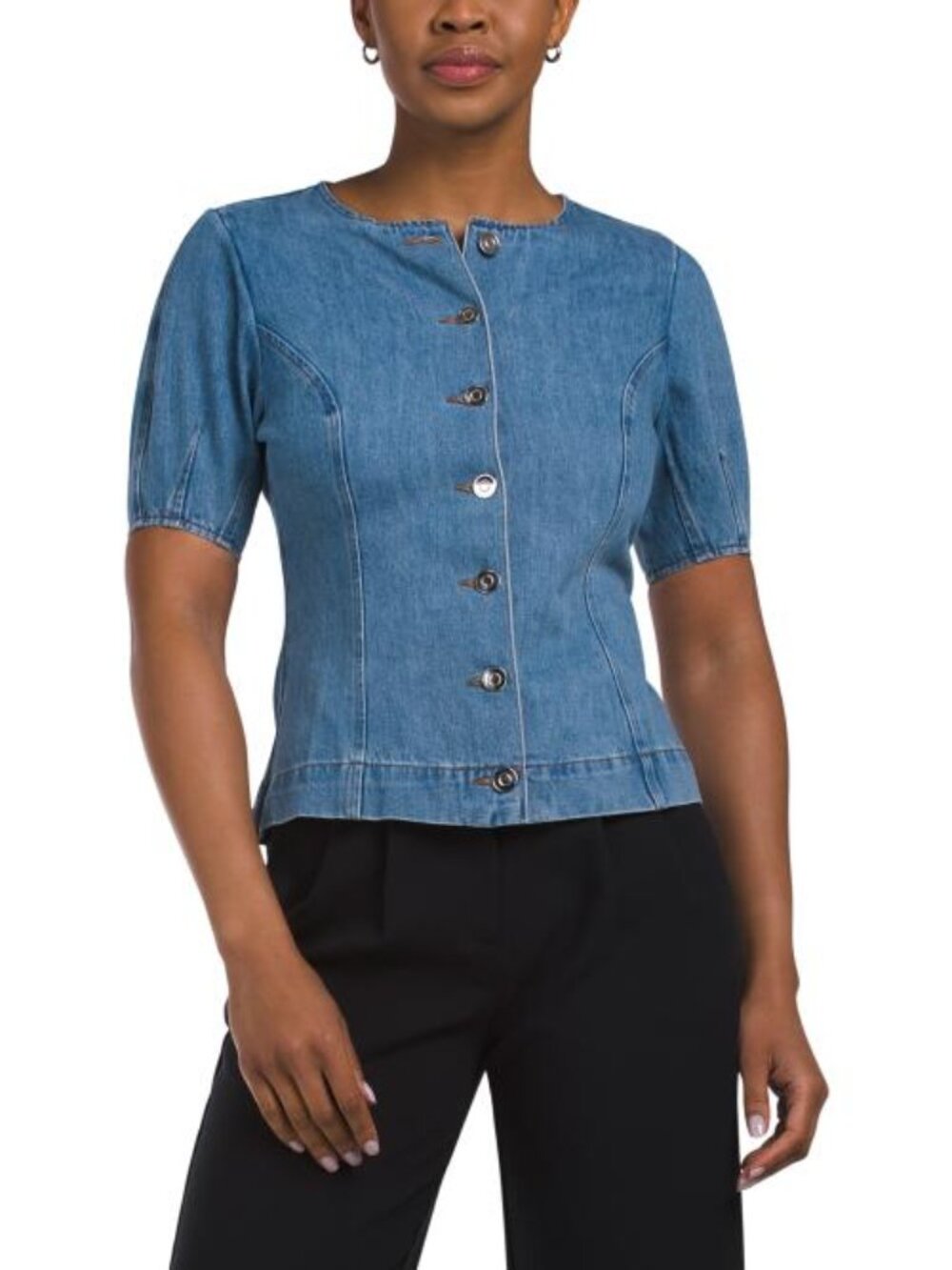 INDUSTRY Short Sleeve Button Front Waisted Denim Top